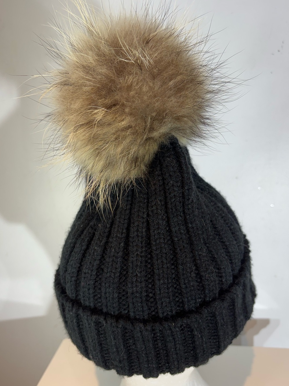 Black Ribbed Knit Beanie Cotton Blend Genuine Fur Pom Pom